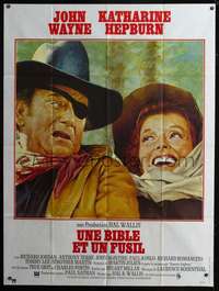 b672 ROOSTER COGBURN French one-panel movie poster '75 John Wayne, Hepburn
