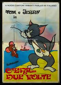 b107 TOM & JERRY Italian two-panel movie poster '68 with fishing pole!