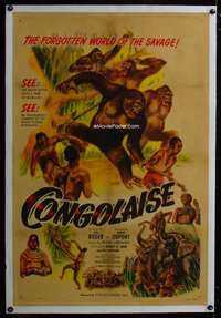 d394 CONGOLAISE linen one-sheet movie poster '50 cool African jungle apes!