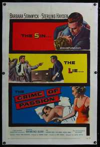 d399 CRIME OF PASSION linen one-sheet movie poster '57 Stanwyck, Hayden