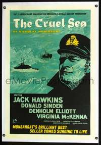 d060 CRUEL SEA linen English one-sheet movie poster '53 Jack Hawkins, WWII!
