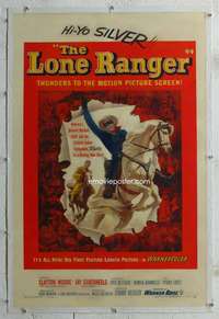 d504 LONE RANGER linen one-sheet movie poster '56 Clayton Moore on Silver!