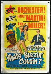 d650 WHAT'S BUZZIN' COUSIN linen one-sheet movie poster '43 sexy Ann Miller!