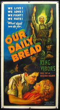 f105 OUR DAILY BREAD linen three-sheet movie poster '34 King Vidor classic!