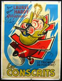 f044 FLYING DEUCES linen French one-panel movie poster R50s best Seguin art!