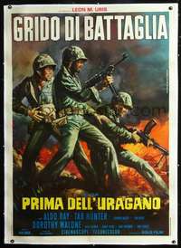 f073 BATTLE CRY linen Italian one-panel movie poster R60s Piovano WWII art!