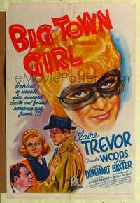 h117 BIG TOWN GIRL one-sheet movie poster '37 sexy masked Claire Trevor!