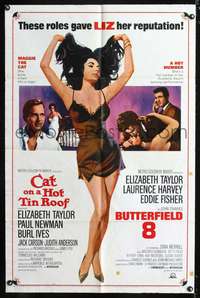 h198 CAT ON A HOT TIN ROOF/BUTTERFIELD 8 one-sheet movie poster '66 sexy art of Elizabeth Taylor!