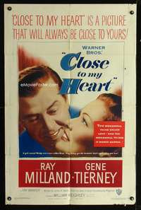 h219 CLOSE TO MY HEART one-sheet movie poster '51 Gene Tierney & Ray Milland adopt!