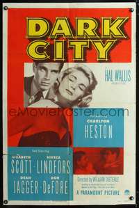 h248 DARK CITY one-sheet movie poster '50 1st Charlton Heston, Lizabeth Scott, film noir!