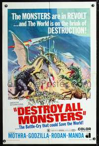 h256 DESTROY ALL MONSTERS one-sheet movie poster '69 Godzilla, Mothra, Rodan!