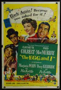h292 EGG & I one-sheet movie poster R54 Claudette Colbert, MacMurray, first Ma & Pa Kettle!