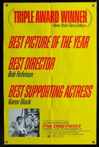 h339 FIVE EASY PIECES NY Film Critics Awards one-sheet movie poster '70 Jack Nicholson, Bob Rafelson