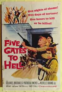 h340 FIVE GATES TO HELL one-sheet movie poster '59 James Clavell, girls with guns!