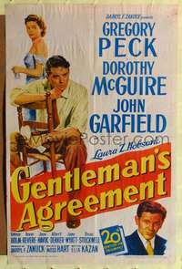 h367 GENTLEMAN'S AGREEMENT one-sheet '47 Elia Kazan, Gregory Peck, Dorothy McGuire, John Garfield