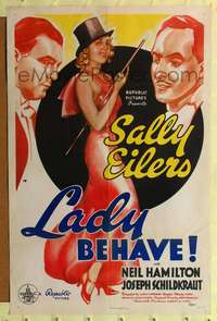 h443 LADY BEHAVE one-sheet movie poster '37 sexy Sally Eilers with top hat & cane!