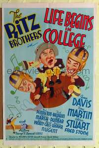 h453 LIFE BEGINS IN COLLEGE style B one-sheet movie poster '37 The Ritz Brothers play football!