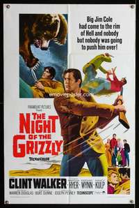 h534 NIGHT OF THE GRIZZLY one-sheet movie poster '66 Clint Walker vs giant bear!