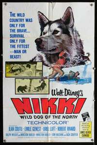 h537 NIKKI one-sheet movie poster '61 Walt Disney, Curwood, wild dog movie!