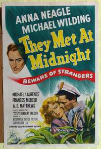 h570 PICCADILLY INCIDENT 1sh '49 art of Anna Neagle & Michael Wilding, They Met at Midnight!