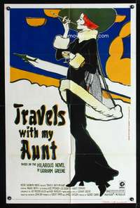h728 TRAVELS WITH MY AUNT one-sheet movie poster '72 Graham Greene, Maggie Smith, cool art!