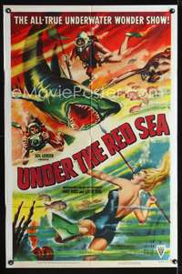 h753 UNDER THE RED SEA one-sheet movie poster '52 cool scuba divers vs shark artwork!