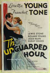 h757 UNGUARDED HOUR one-sheet movie poster '36 stone litho of Loretta Young & Franchot Tone!