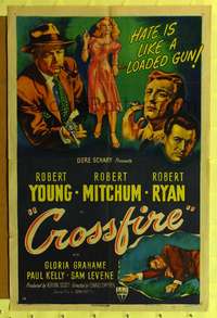 m138 CROSSFIRE one-sheet movie poster '47 Robert Young, Robert Mitchum, Robert Ryan