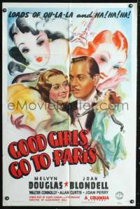 m312 GOOD GIRLS GO TO PARIS style B one-sheet poster '39 Joan Blondell, Melvyn Douglas, cool art!