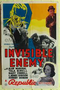 m343 INVISIBLE ENEMY one-sheet movie poster '38 Alan Marshal, cool crime image!