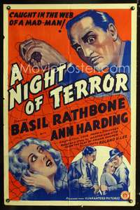 m378 LOVE FROM A STRANGER one-sheet poster R42 Basil Rathbone, Agatha Christie, A Night of Terror!