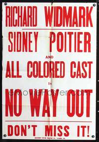 m463 NO WAY OUT local theater one-sheet movie poster '50 Sidney Poitier & all colored cast!