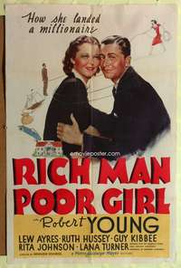 m569 RICH MAN, POOR GIRL one-sheet movie poster '38 millionaire Robert Young, Ruth Hussey