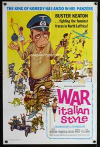 m729 WAR ITALIAN STYLE one-sheet movie poster '66 great WWII cartoon art of Buster Keaton!