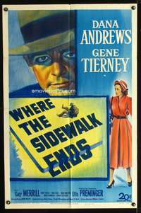 m749 WHERE THE SIDEWALK ENDS one-sheet movie poster '50 Dana Andrews, Gene Tierney, Otto Preminger