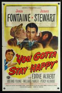 m791 YOU GOTTA STAY HAPPY one-sheet movie poster '48 Jimmy Stewart, Joan Fontaine and chimp!