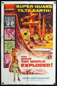 p490 NIGHT THE WORLD EXPLODED one-sheet movie poster '57 super-quake tilts Earth!