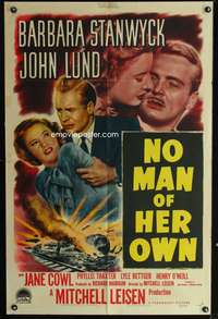 p495 NO MAN OF HER OWN one-sheet movie poster '50 Barbara Stanwyck, cool train image!