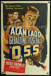 p505 O.S.S. one-sheet movie poster '46 close up of Alan Ladd with machine gun!