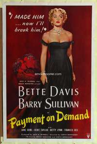 p541 PAYMENT ON DEMAND one-sheet movie poster '51 classic artwork of Bette Davis!