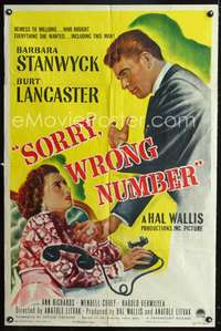 p668 SORRY WRONG NUMBER one-sheet movie poster '48 art of Burt Lancaster & Barbara Stanwyck!