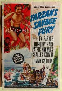 p723 TARZAN'S SAVAGE FURY one-sheet movie poster '52 Lex Barker, Edgar Rice Burroughs