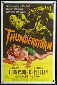 p738 THUNDERSTORM one-sheet poster '56 bad sexy Linda Christian is lightning in the flesh!