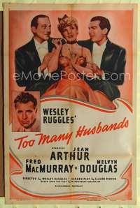 p745 TOO MANY HUSBANDS one-sheet movie poster R50 Jean Arthur, Fred MacMurray, Melvyn Douglas