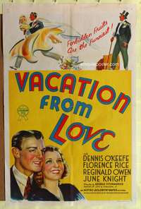 p761 VACATION FROM LOVE one-sheet movie poster '38 Dennis O'Keefe, Florence Rice, stone litho!