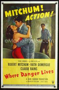 p778 WHERE DANGER LIVES style A one-sheet movie poster '50 art of Robert Mitchum & Faith Domergue!