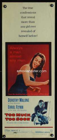 s393 TOO MUCH TOO SOON insert movie poster '58 Errol Flynn, Malone