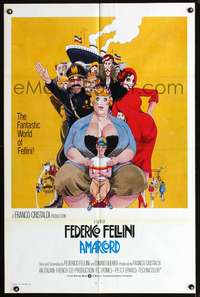 t020 AMARCORD int'l one-sheet movie poster '74 Federico Fellini classic, great Juliano Geleng art!