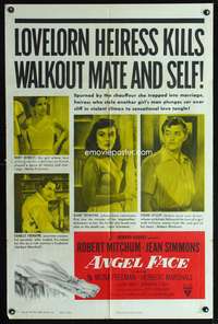 t023 ANGEL FACE one-sheet movie poster '53 Robert Mitchum, sexy Jean Simmons, Otto Preminger