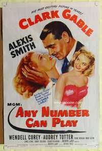 t026 ANY NUMBER CAN PLAY one-sheet poster '49 Clark Gable loves Alexis Smith AND Audrey Totter!